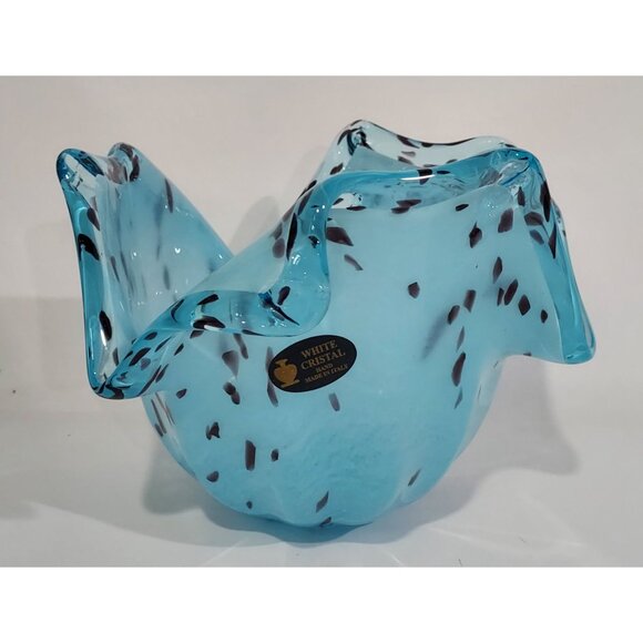 Murano Free Form Hand-Blown Blue Black Speckled Glass Vase Bowl Tulip Flower - Picture 6 of 10